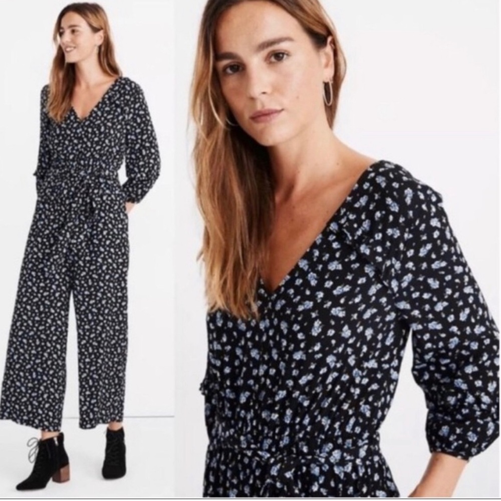 Madewell Square Neck Blue Floral Jumpsuit XS